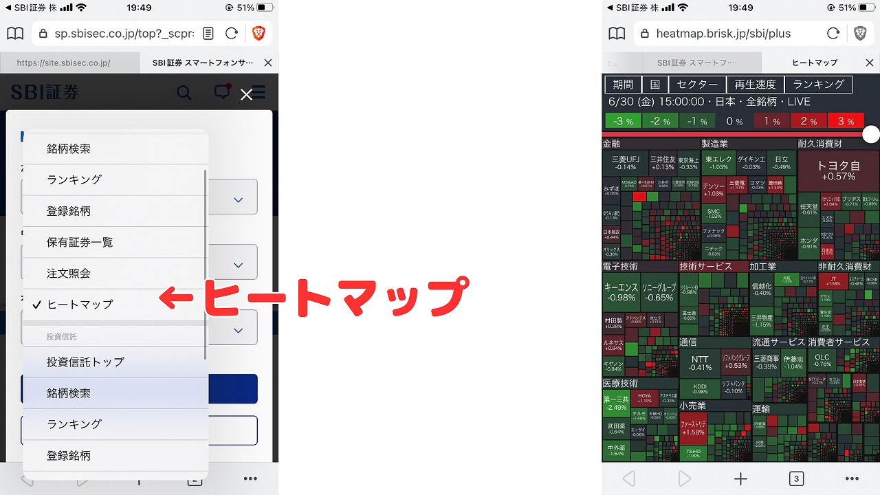 SBI証券】便利なヒートマップ機能の確認方法【スマホ対応】
